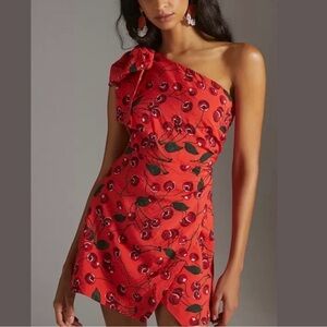 Anthropologie Maeve Cherry Red Print One-Shoulder Mini Dress 14 May run small